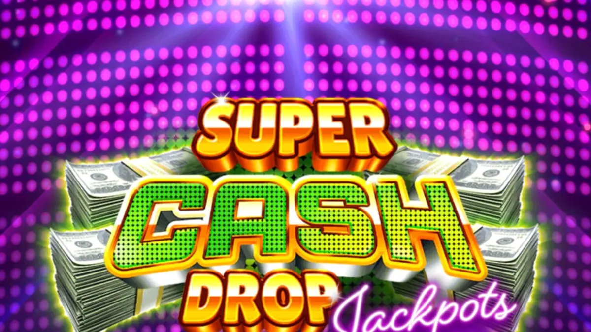 Tampilan visual neon dari slot Super Cash Drop Jackpots dengan simbol brankas dan uang tunai.
